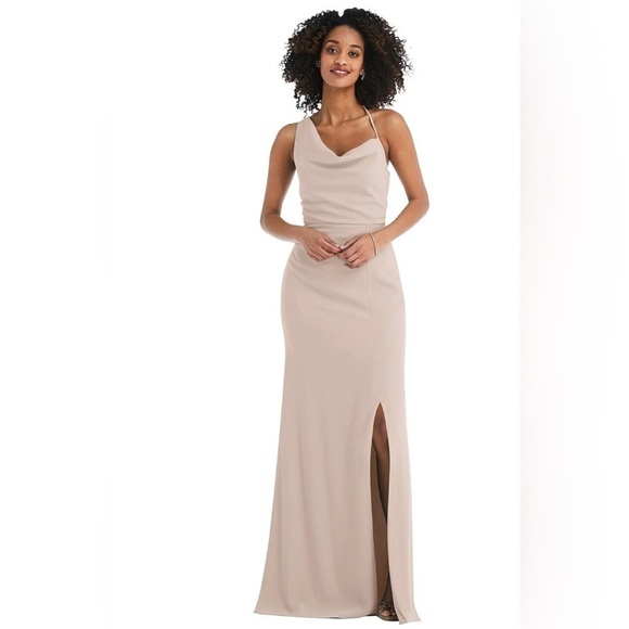 After Six Dresses & Skirts - After Six Tan Cameo One Shoulder Draped Cowl Neck Maxi Bridesmaid Dress Size 10